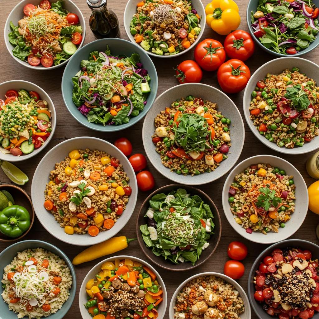 Colorful vegetarian main dishes showcasing healthy ingredients and vibrant colors