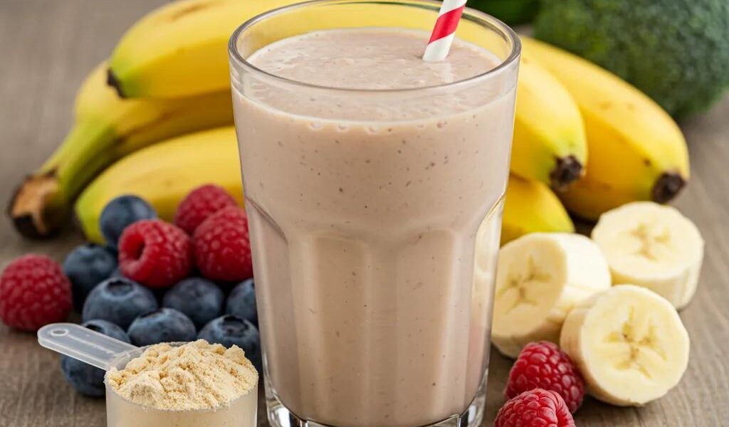 Delicious protein shake with fresh fruits and protein powder, representing health and fitness