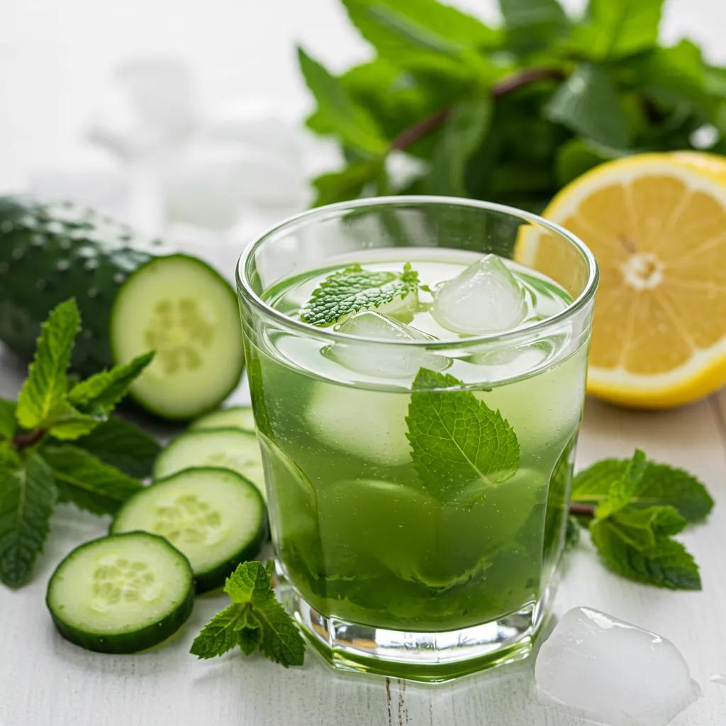 Detox‑Saft aus Gurke, Minze und Zitrone in einem hellen, freundlichen Ambiente