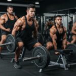 Diverse bodybuilders training in a gym, showcasing strength and focus on muscle building