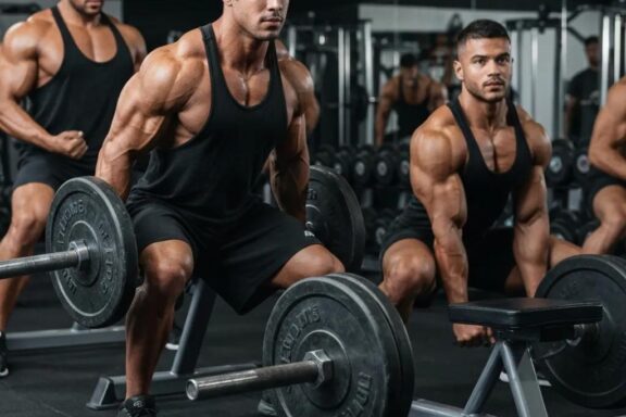 Diverse bodybuilders training in a gym, showcasing strength and focus on muscle building