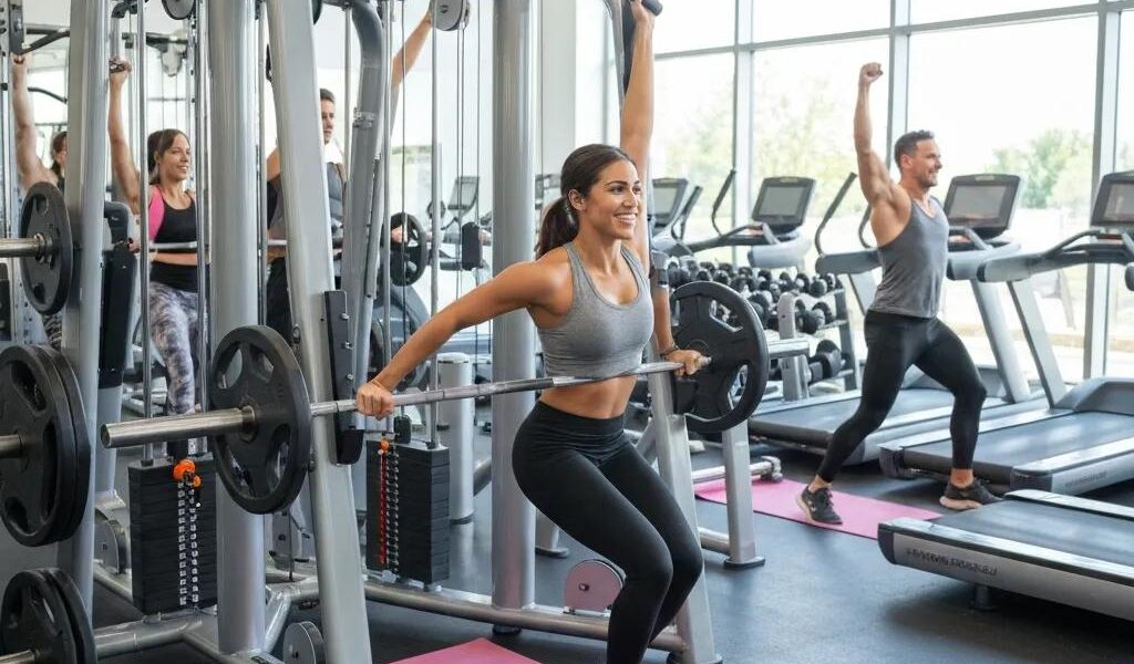Diverse group measuring height and weight in a modern gym, promoting health and wellness