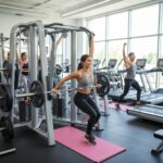Diverse group measuring height and weight in a modern gym, promoting health and wellness
