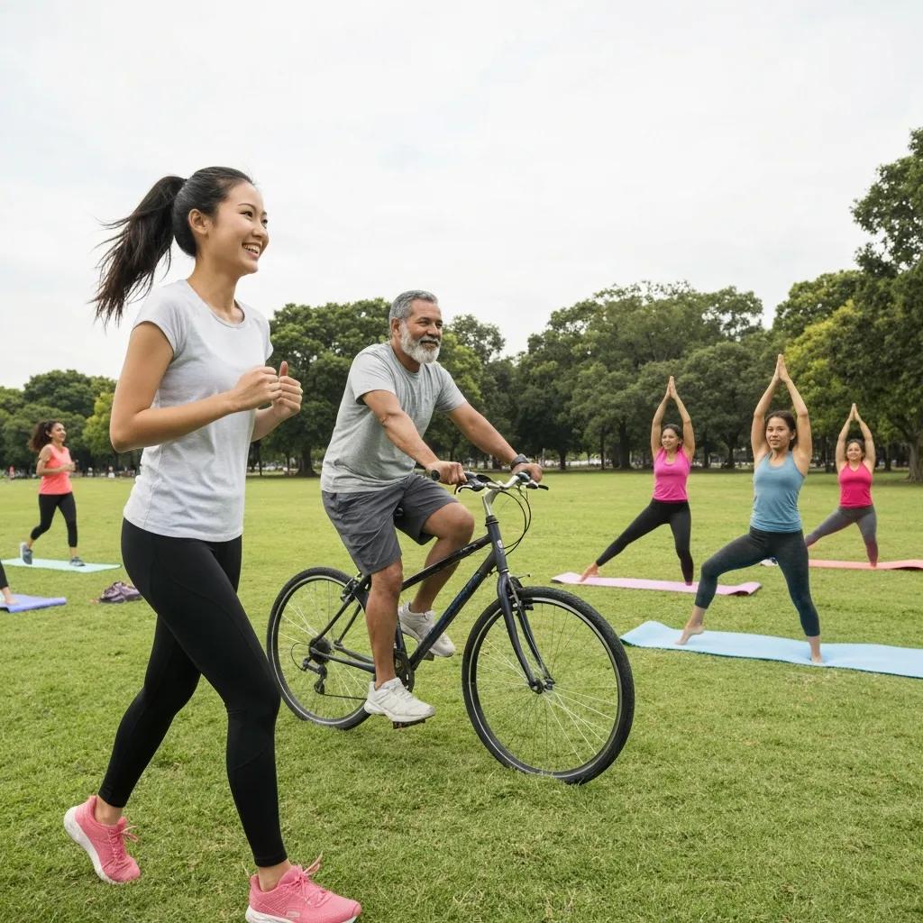 Diverse group of people exercising in a park to promote healthy BMI