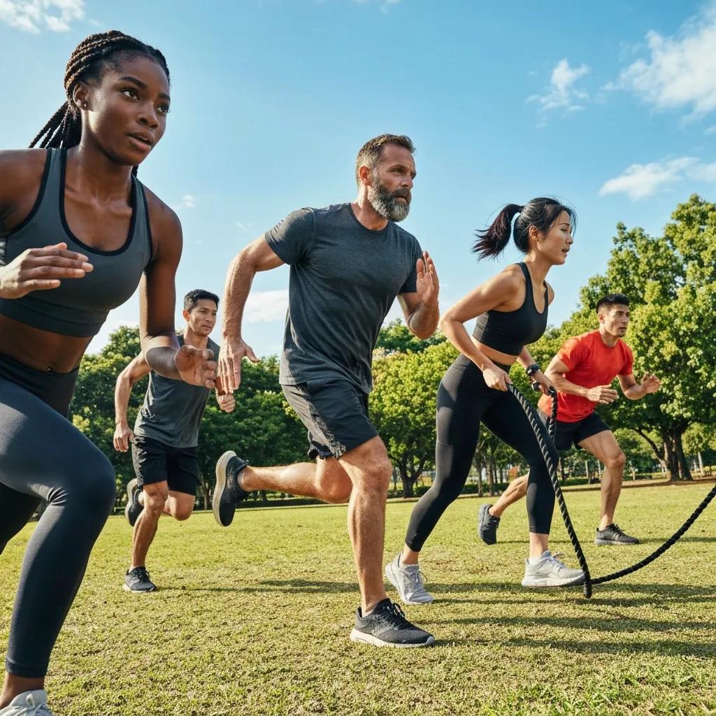 Gruppe bei HIIT‑Übungen im Freien: Energie, Intensität und Teamgeist