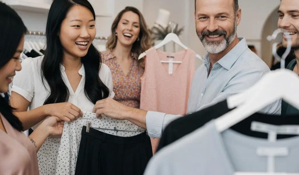 Diverse individuals exploring fashion choices that suit their body types in a boutique setting