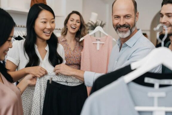 Diverse individuals exploring fashion choices that suit their body types in a boutique setting