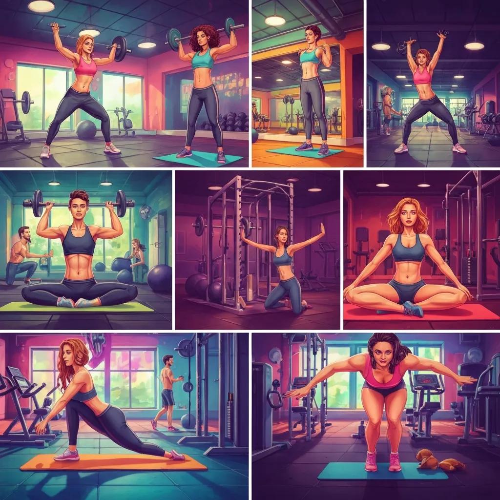 Diverse individuals representing different body types engaged in fitness activities