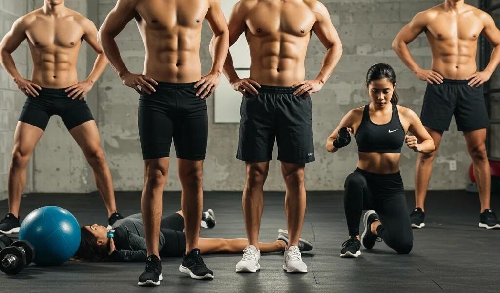 Diverse individuals showcasing different body types engaged in fitness activities, emphasizing the connection between hormones and body composition