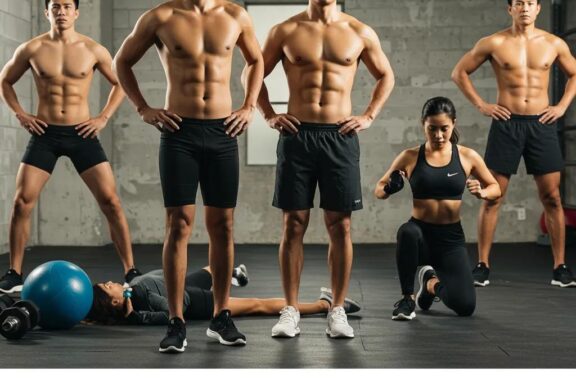 Diverse individuals showcasing different body types engaged in fitness activities, emphasizing the connection between hormones and body composition