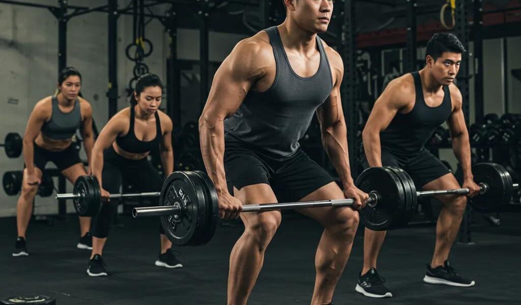 Diverse individuals strength training to enhance muscle growth and hormonal balance