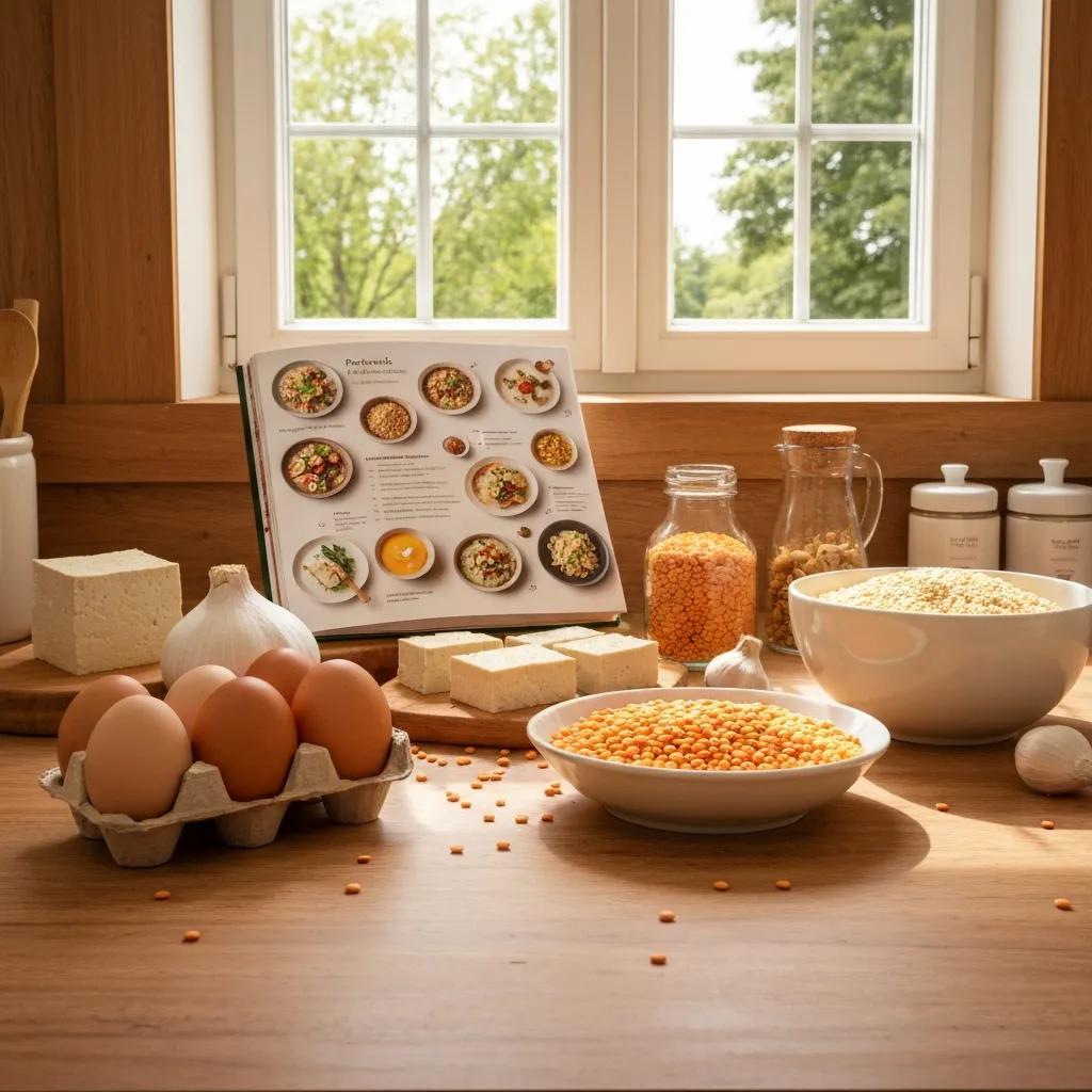 Verschiedene Eiweißquellen wie Eier, Tofu und Linsen — ideale Lebensmittel für Mesomorphen