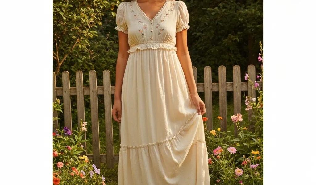 Elegant GRACE Milchmädchen Kleid in a sunny garden, highlighting summer fashion trends