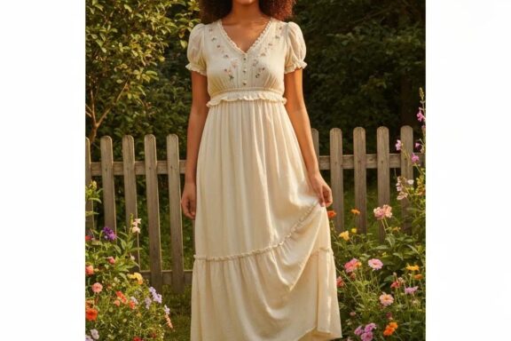 Elegant GRACE Milchmädchen Kleid in a sunny garden, highlighting summer fashion trends