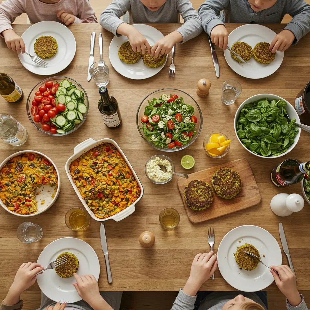 Familie genießt verschiedene vegetarische Gerichte am Esstisch – familienfreundliche Mahlzeiten