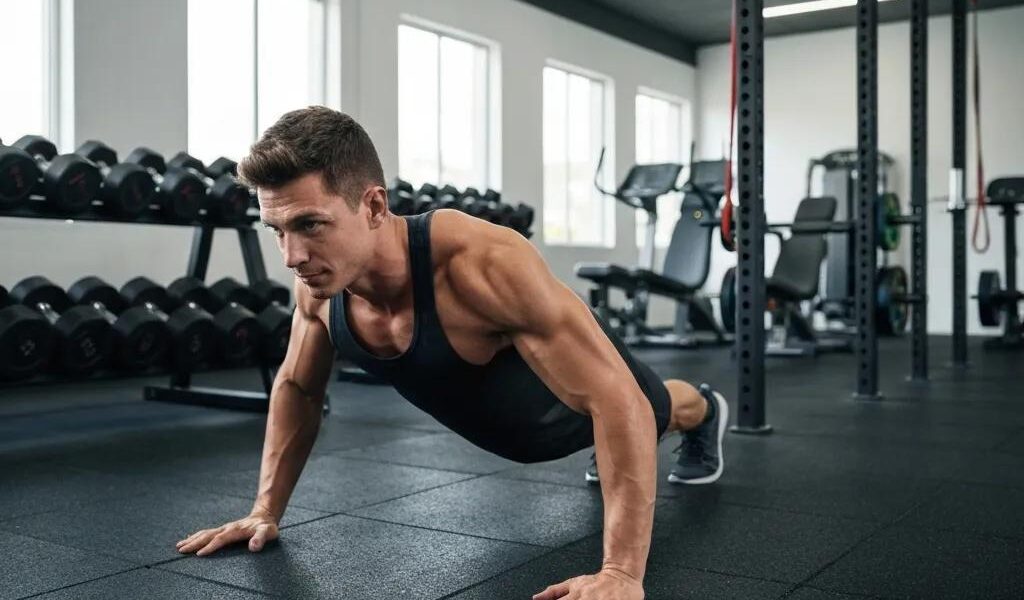 Fit ektomorph individual working out in a gym, emphasizing muscle building and fitness