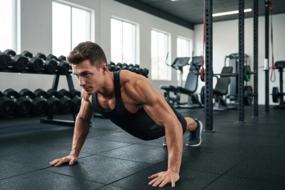 Fit ektomorph individual working out in a gym, emphasizing muscle building and fitness