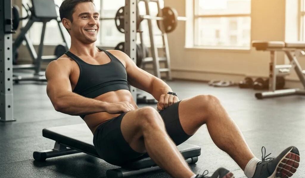 Fit individual with endomorphic body type exercising in a gym, representing strategies for losing belly fat