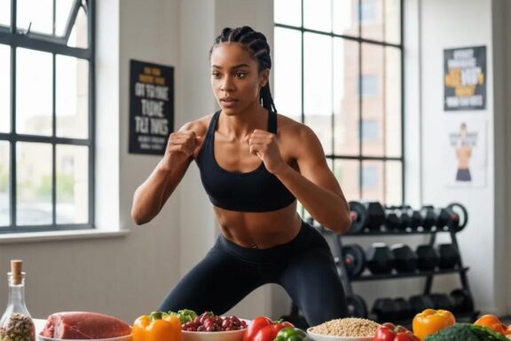 Fit individual with mesomorphic body type exercising with healthy food options in a bright fitness environment