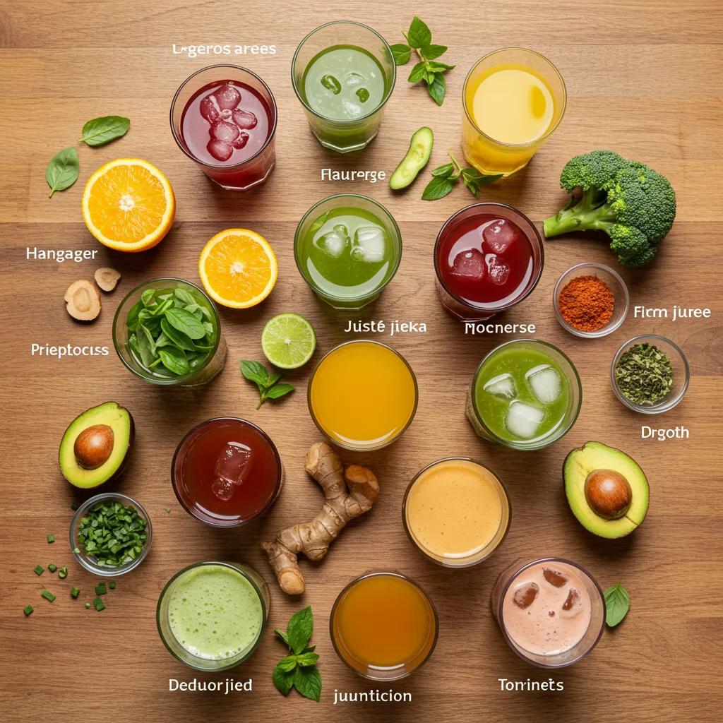 Mehrere Detox‑Saftrezepte in Gläsern, umgeben von frischen Zutaten – Auswahl für unterschiedliche Körpertypen
