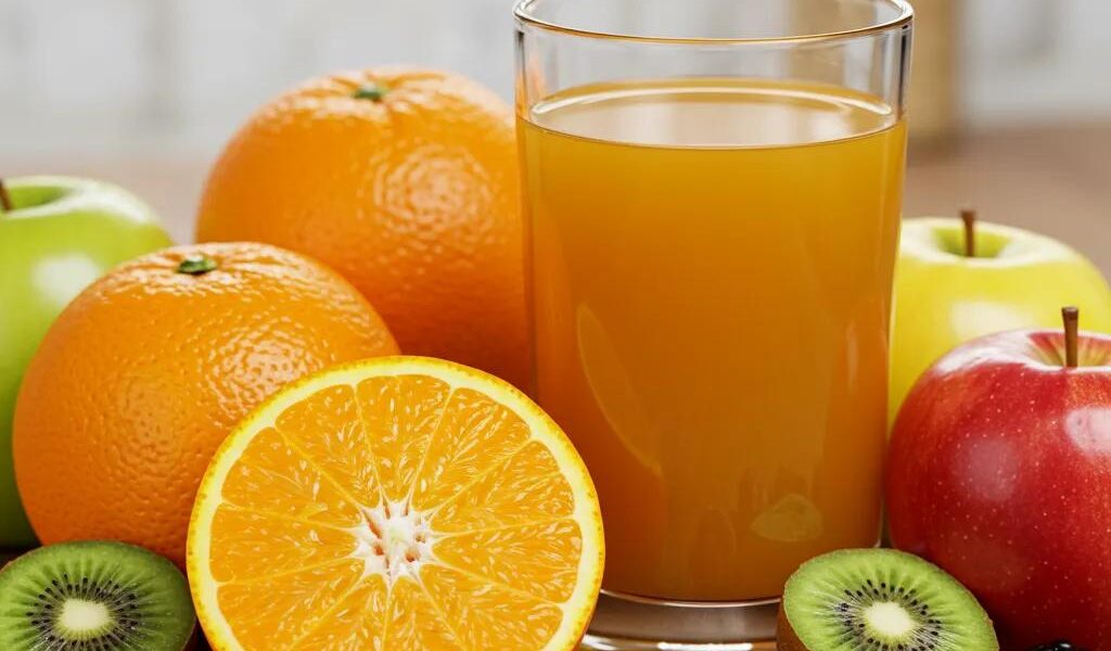 Fresh fruits and a glass of juice representing healthy homemade fruit juice