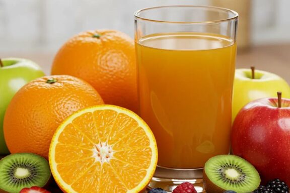 Fresh fruits and a glass of juice representing healthy homemade fruit juice