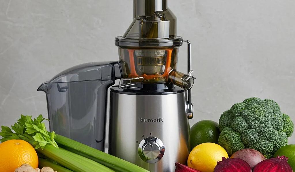 Fresh fruits and vegetables being juiced for weight loss, highlighting ingredients like celery, beets, and ginger