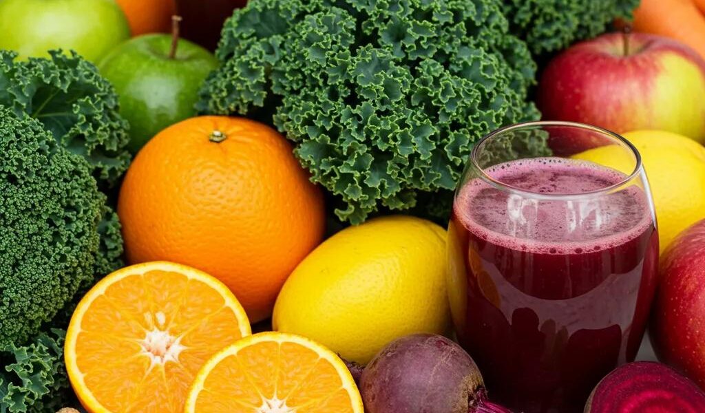 Frisches Obst und Gemüse werden entsaftet – Symbol für eine gesunde Saftdiät