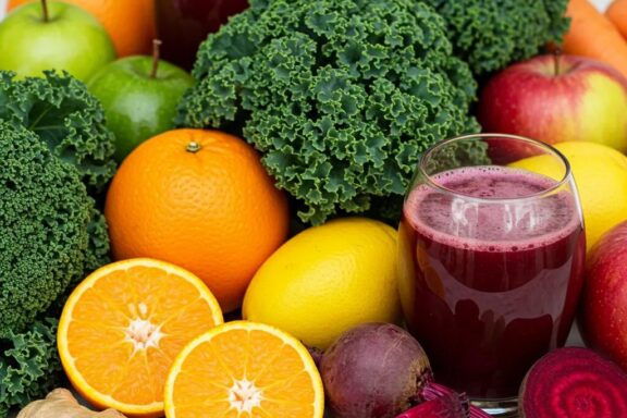Frisches Obst und Gemüse werden entsaftet – Symbol für eine gesunde Saftdiät