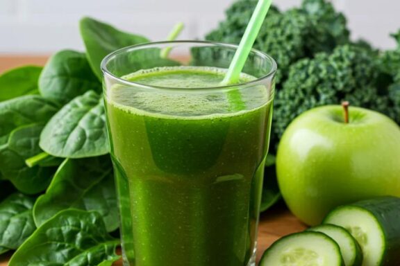 Glas mit frischem grünem Saft aus Spinat, Grünkohl, Gurke und grünen Äpfeln auf Holz