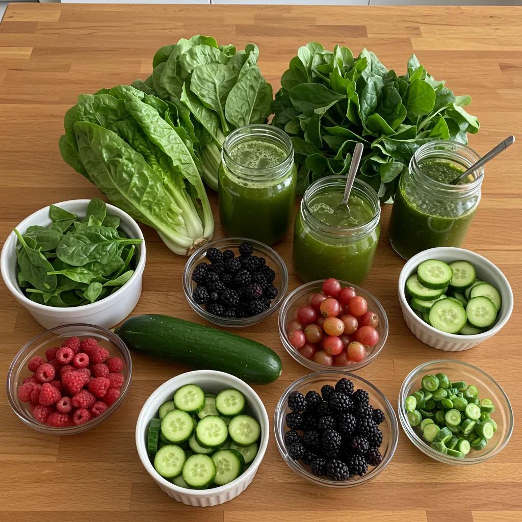 Frische Zutaten für zuckerarme Säfte: Blattgemüse, Gurke und Beeren – nährstoffreich und zuckerarm