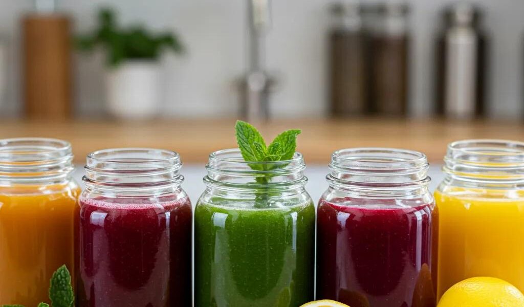 Freshly made detox juices in clear jars with colorful ingredients like greens, beets, and citrus fruits, representing health and vitality