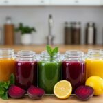 Freshly made detox juices in clear jars with colorful ingredients like greens, beets, and citrus fruits, representing health and vitality