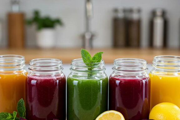 Freshly made detox juices in clear jars with colorful ingredients like greens, beets, and citrus fruits, representing health and vitality