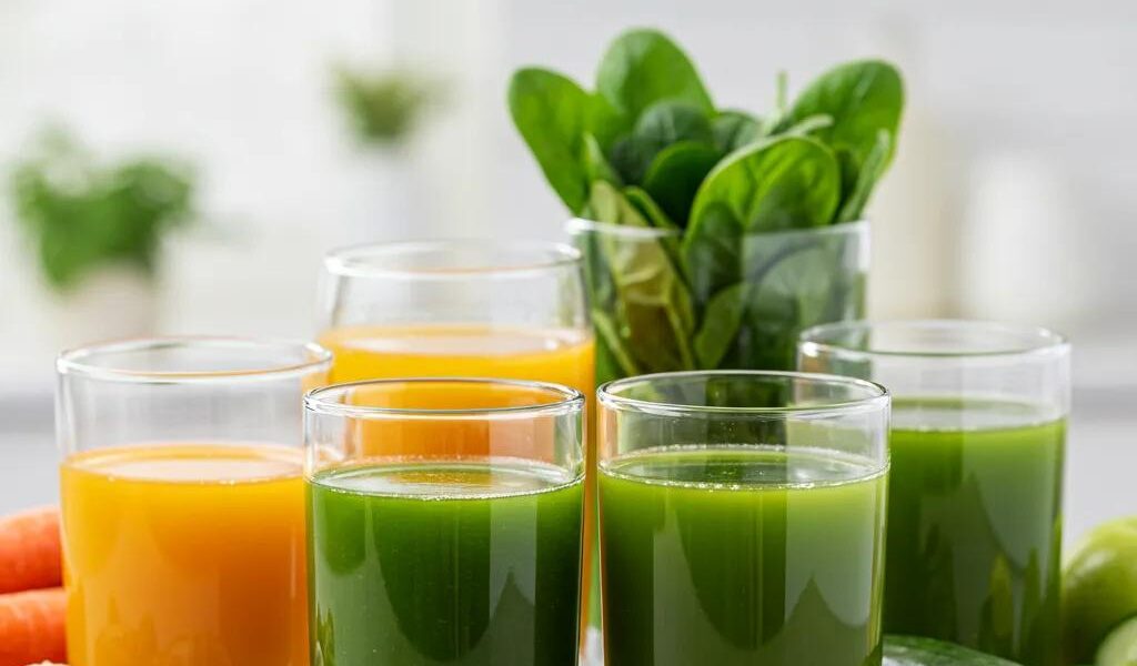 Freshly made detox juices with fruits and vegetables in a bright kitchen setting