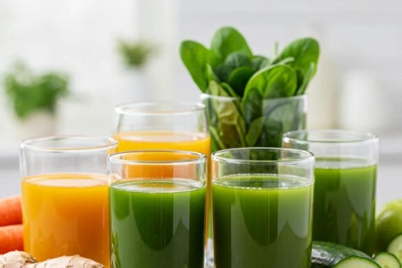 Freshly made detox juices with fruits and vegetables in a bright kitchen setting
