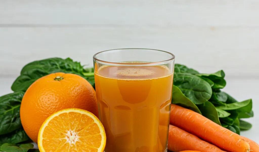 Freshly squeezed vitamin juice with fruits and vegetables highlighting health benefits