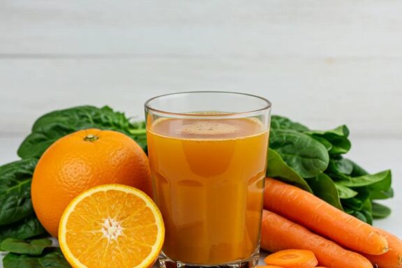 Freshly squeezed vitamin juice with fruits and vegetables highlighting health benefits