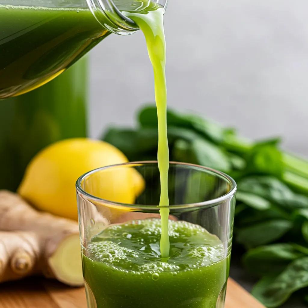 Grüner Saft wird eingeschenkt, im Hintergrund Zitrone und Ingwer