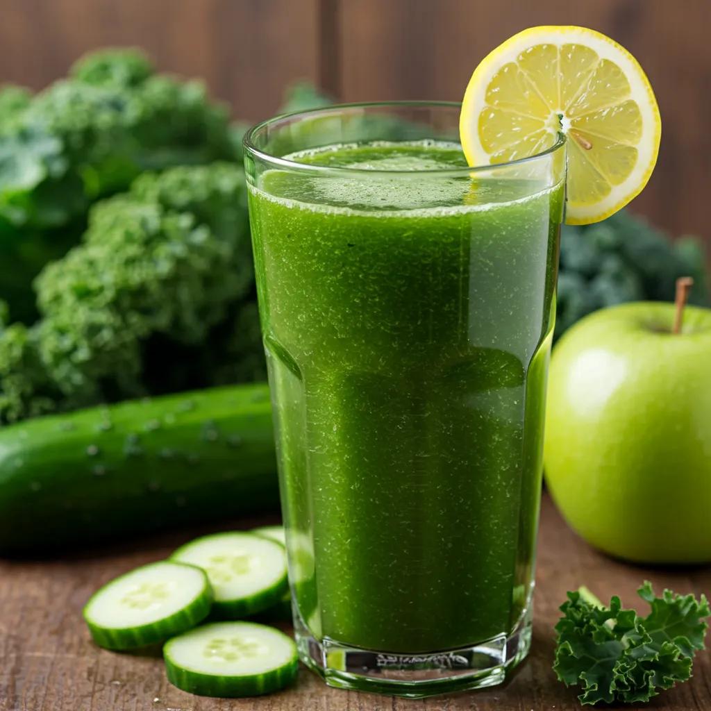 Grüner Saft aus Grünkohl, Gurke und grünem Apfel in einer rustikalen Küche