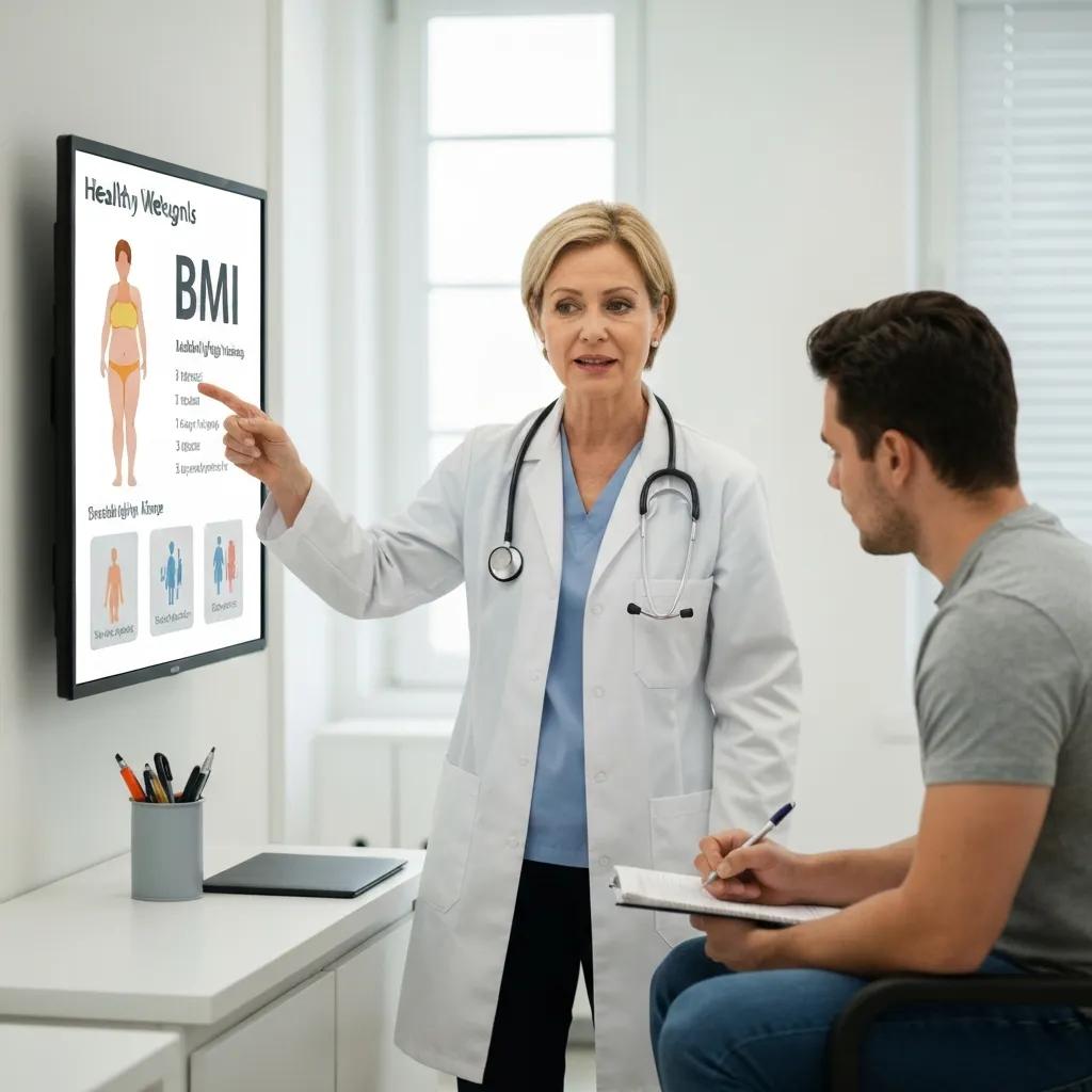 Healthcare professional explaining BMI categories to a patient in a clinical setting