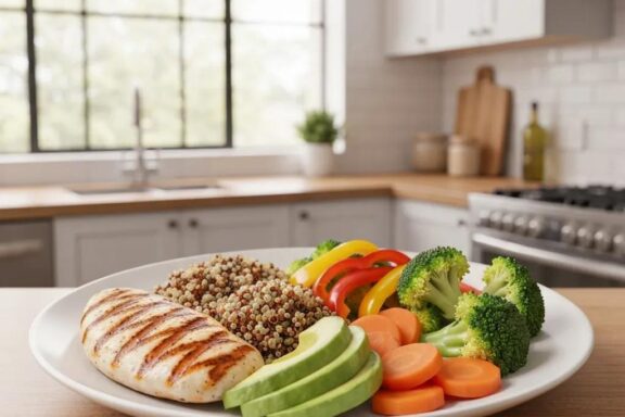 Healthy calorie-dense meal for ectomorphs featuring grilled chicken, quinoa, and avocado