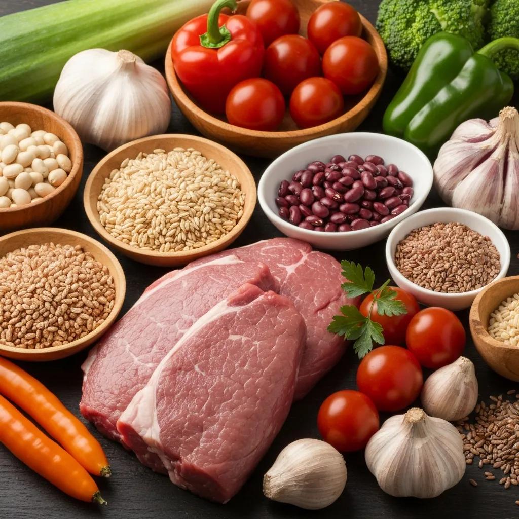 Nährstoffreiche Lebensmittel für Muskelaufbau: magere Proteine und buntes Gemüse