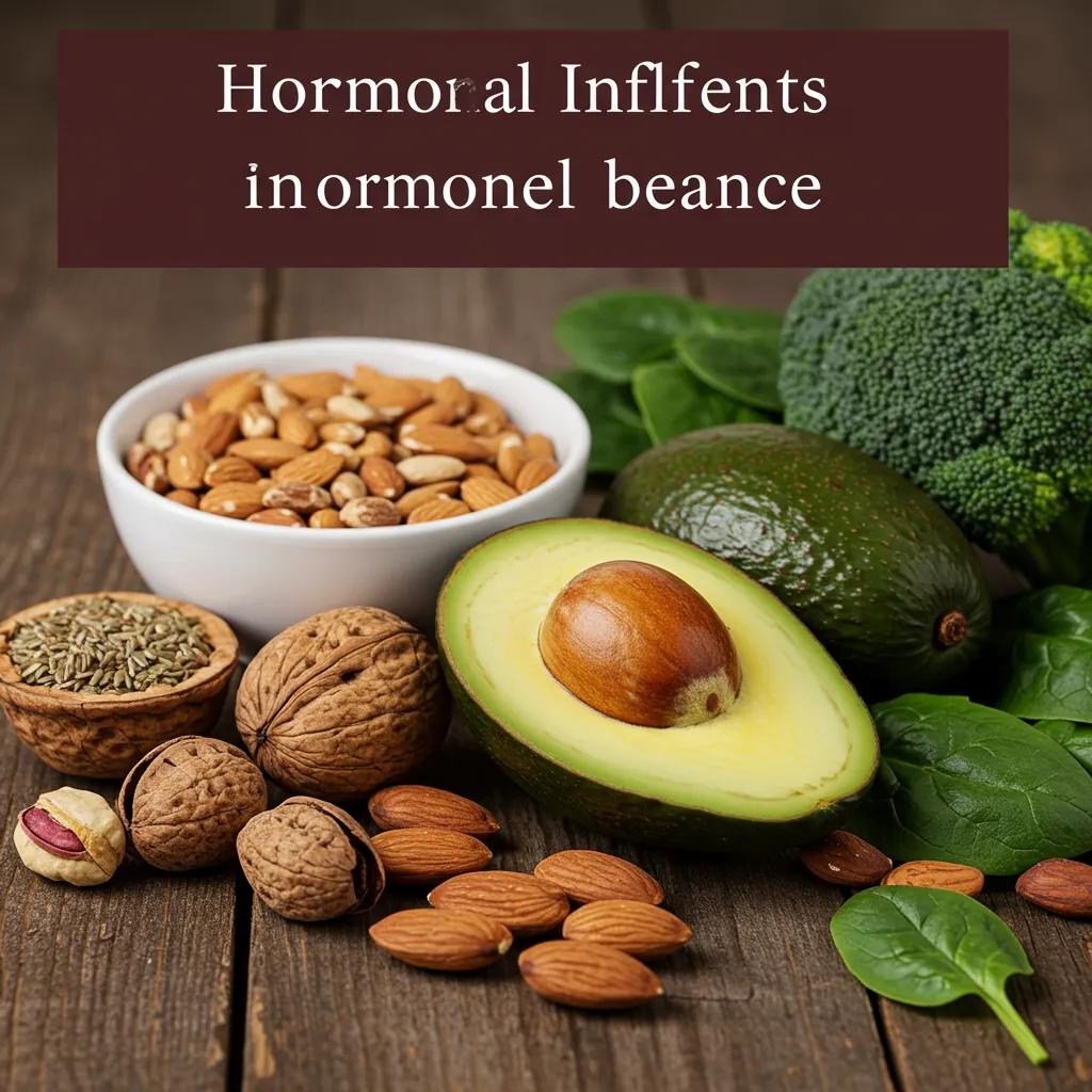 Healthy foods like avocados, nuts, and greens arranged on a table, representing nutrition's role in hormone regulation and body composition