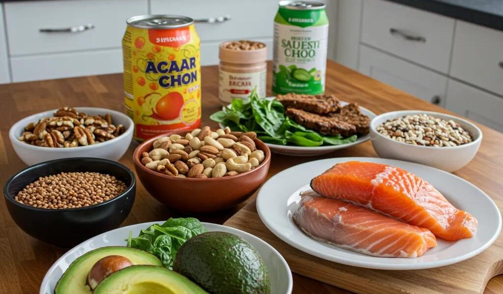 Healthy meal options for ectomorphs including avocados, nuts, and protein-rich dishes