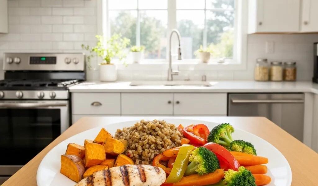 Healthy meal plate for endomorphic body type featuring lean proteins, complex carbs, and colorful vegetables