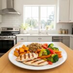 Healthy meal plate for endomorphic body type featuring lean proteins, complex carbs, and colorful vegetables