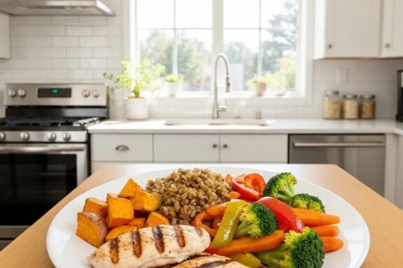 Healthy meal plate for endomorphic body type featuring lean proteins, complex carbs, and colorful vegetables