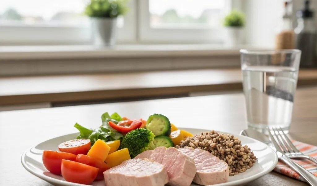 Healthy meal plate for endomorphs featuring lean proteins, vegetables, and whole grains
