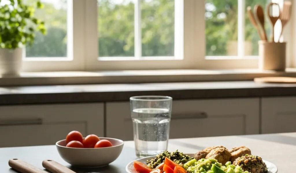 Healthy meal plate for endomorphs featuring lean proteins, vegetables, and whole grains in a bright kitchen setting